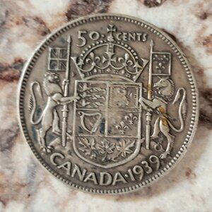 Vintage 1939 Canadian 50 Cent Silver Coin